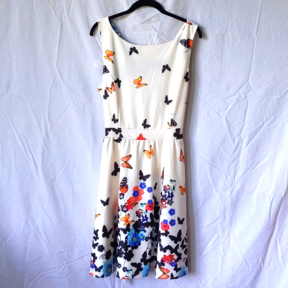 Cream Floral & Butterfly Midi Dress